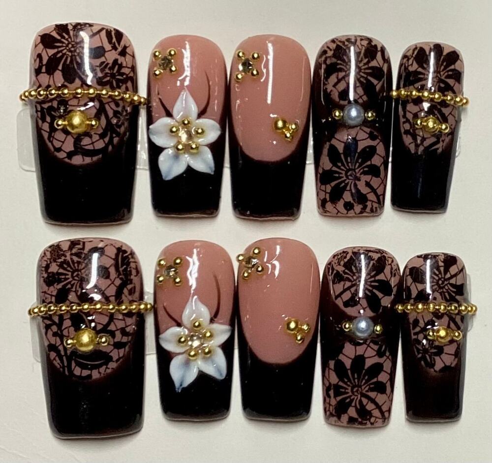 Soft Goth 3D Flower Black Lace French Tip Square Press On Nails Medium & Large